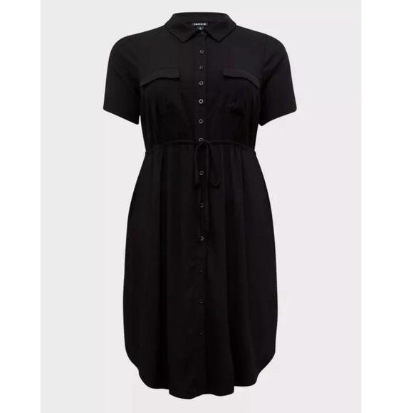Torrid Black Twill Drawstring Button Up Short Serve Shirt Dress Size 1X Pockets - Picture 4 of 10